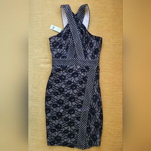 Bebe Size Medium NWT Black Lace Midi Dress with Nude Underlay Halter Cocktail